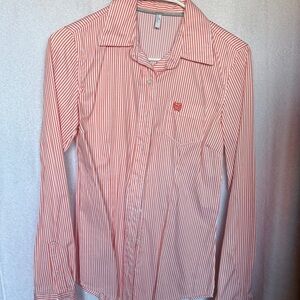 Cinch women’s Xs button down Shirt - peach and white stripe